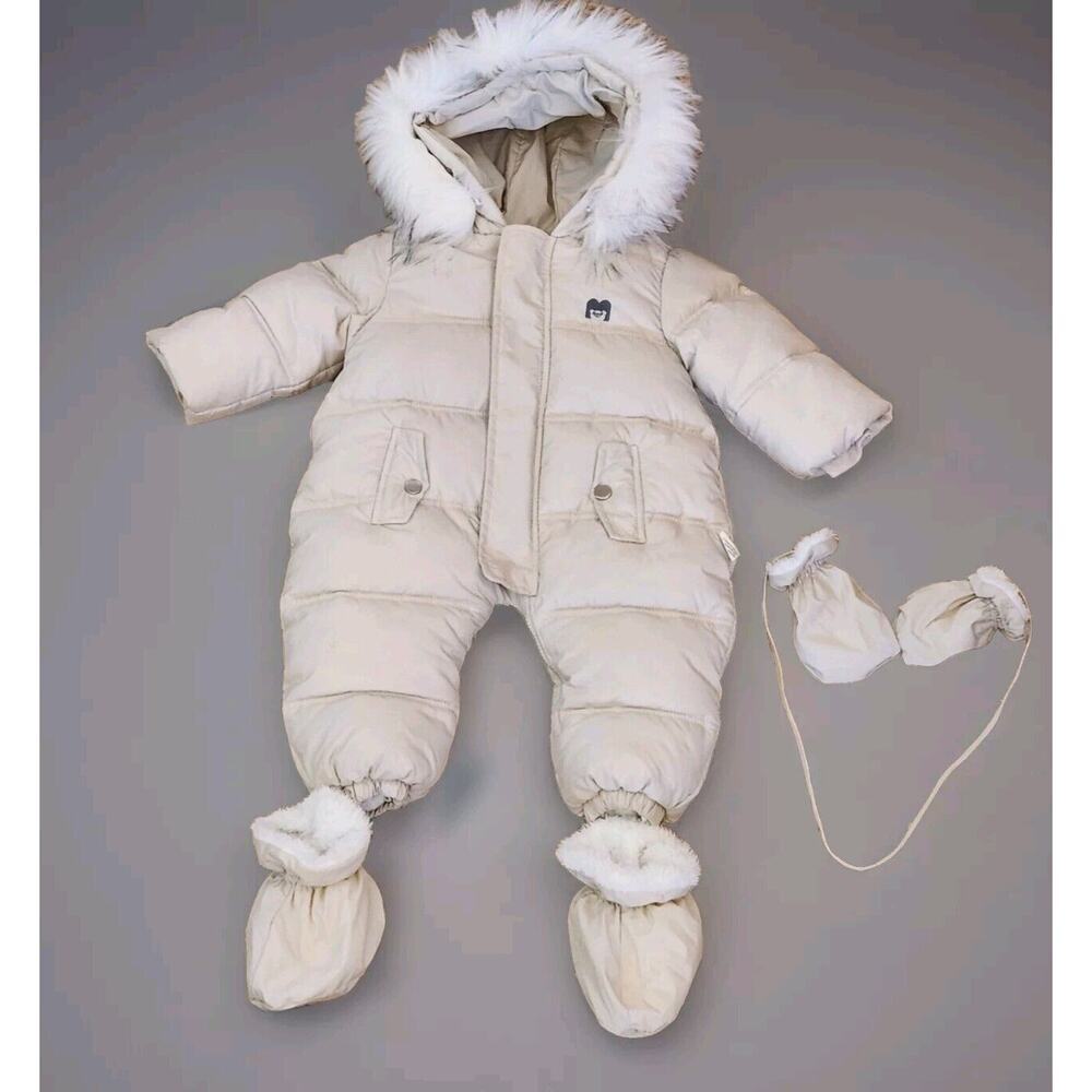 12-18Months Baby Jumpsuit Baby Gloves Thick Snowsuit Girl Set with FauxFur‎ Hood